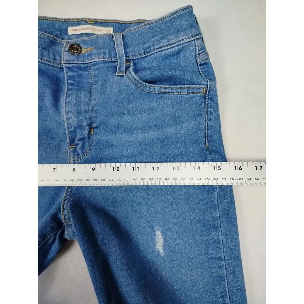 Levi Strauss Jeans Women's 26 Blue 720 High Rise Super Skinny Raw Hem Distressed